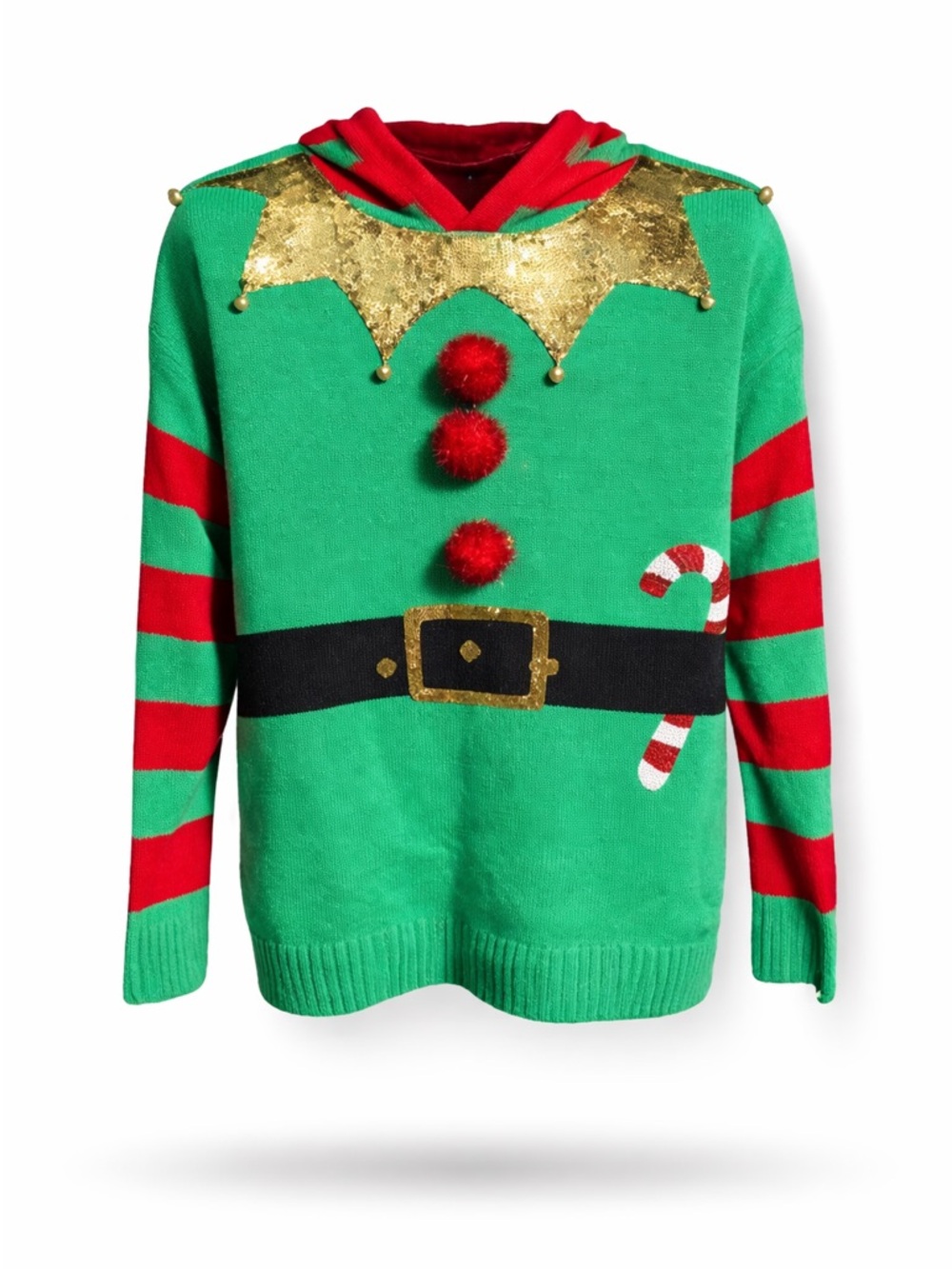 33 Degrees Elf Sweater Hoodie Red Green Sequin Holiday Womens M